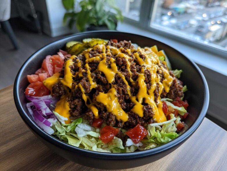 A close-up of a hearty Burger Bowls 30 Minute Dinner Idea featuring seasoned ground beef, melted cheese sauce, lettuce, tomatoes, and red onion.