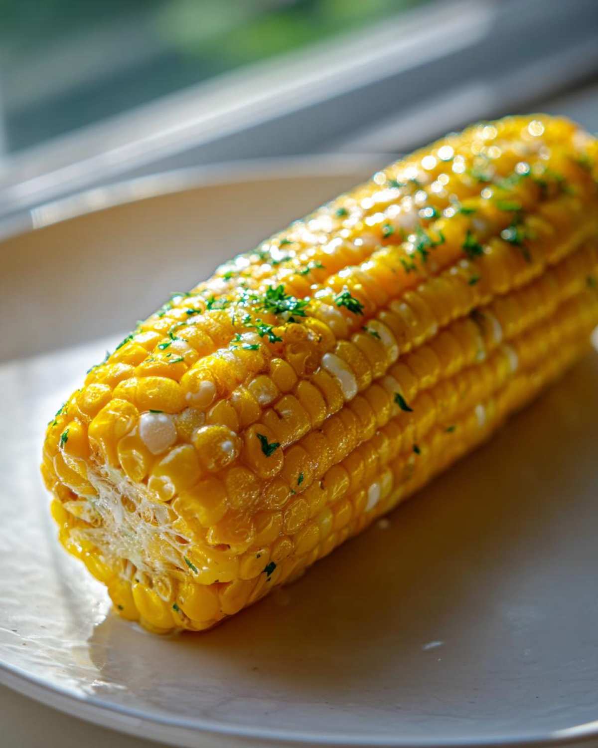 Close-up of a bright yellow ear of Buttered Corn on the cob, glistening with melted butter and sprinkled with parsley.