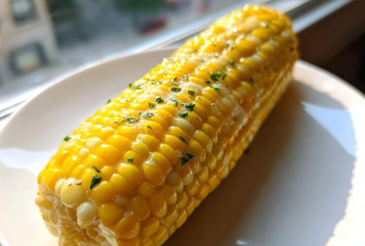 A close-up of a glistening ear of Buttered Corn on the cob, topped with melted butter and chopped parsley.