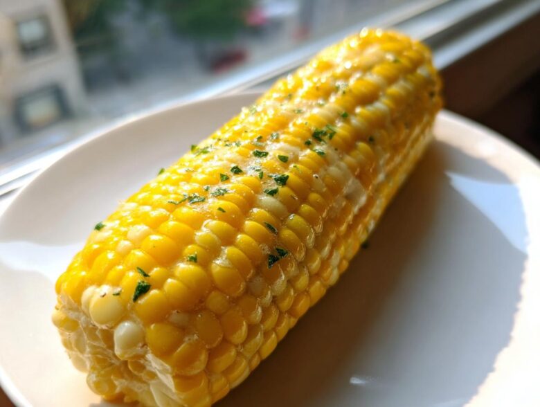 A close-up of a glistening ear of Buttered Corn on the cob, topped with melted butter and chopped parsley.