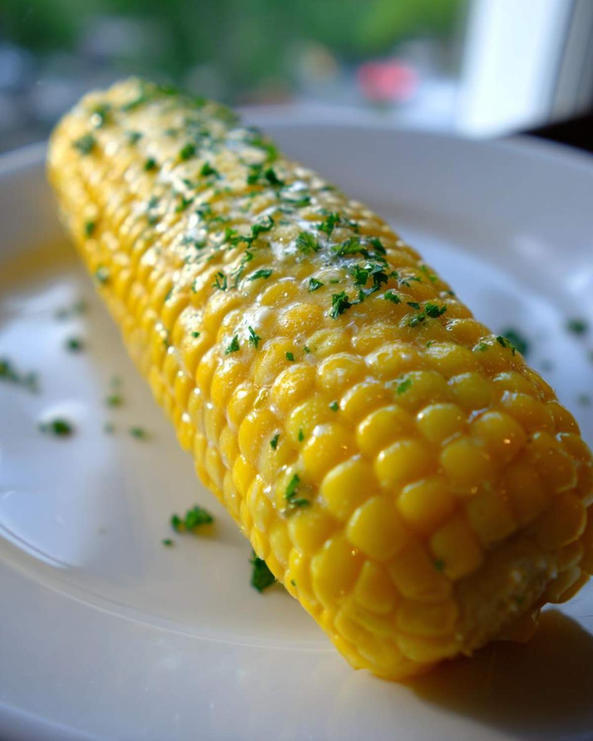 Close-up of a bright yellow ear of Buttered Corn on the cob, glistening with melted butter and topped with chopped parsley.