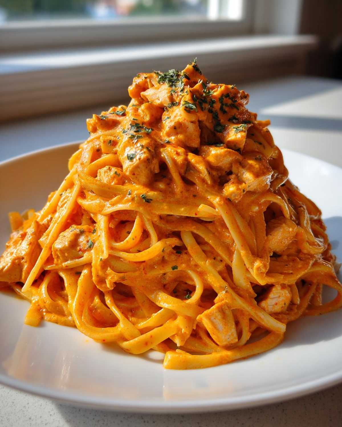 A tall serving of creamy Cajun chicken pasta tossed in an orange-hued sauce and topped with parsley.