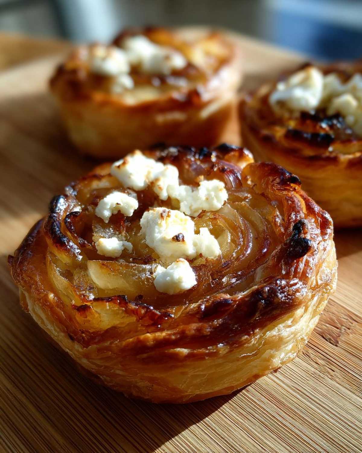 Close-up of a flaky pastry Caramelized Onion and Goat Cheese Tart topped with crumbled goat cheese.