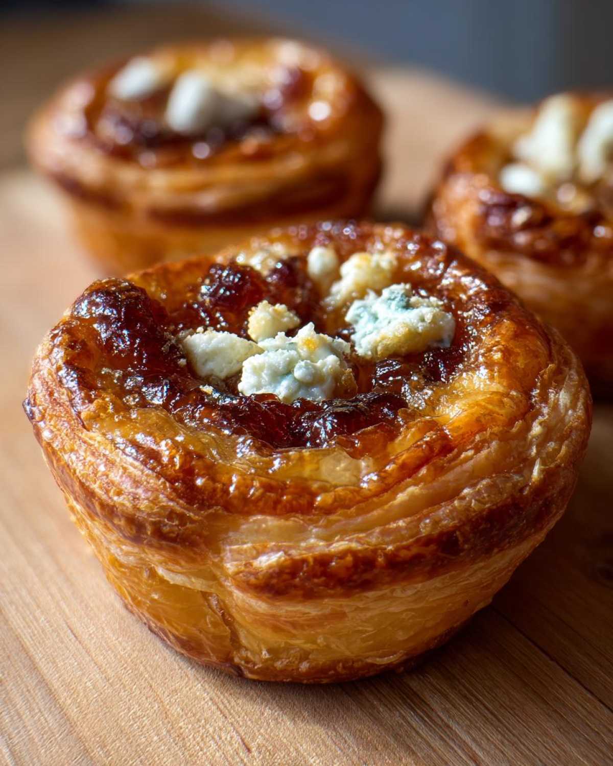Close-up of a flaky pastry Caramelized Onion and Goat Cheese Tart topped with caramelized onions and crumbled goat cheese.