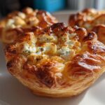 Close-up of a golden-brown, flaky pastry tart topped with crumbled goat cheese, part of a batch of Caramelized Onion and Goat Cheese Tarts.
