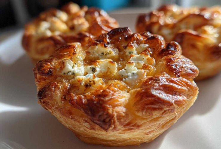 Close-up of a golden-brown, flaky pastry tart topped with crumbled goat cheese, part of a batch of Caramelized Onion and Goat Cheese Tarts.