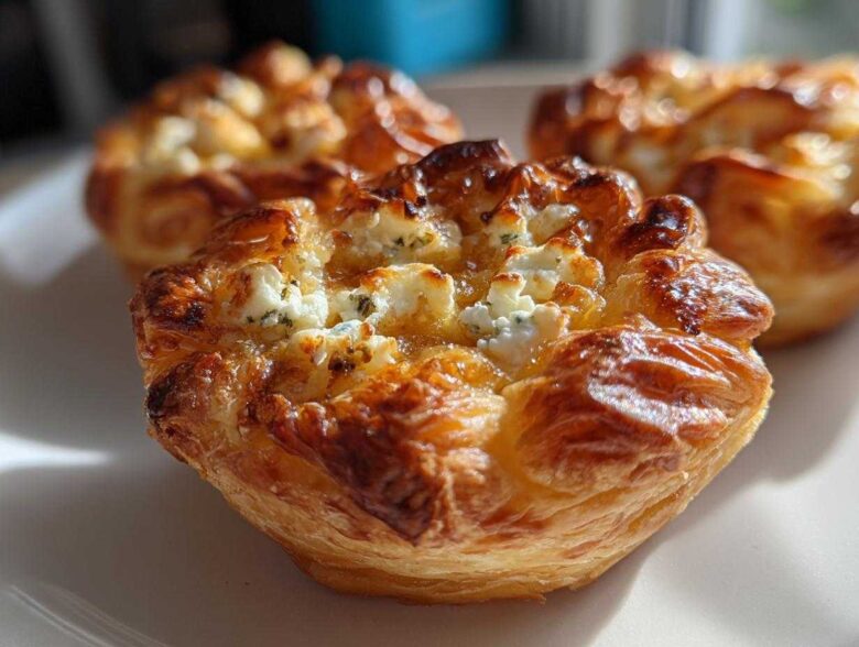 Close-up of a golden-brown, flaky pastry tart topped with crumbled goat cheese, part of a batch of Caramelized Onion and Goat Cheese Tarts.
