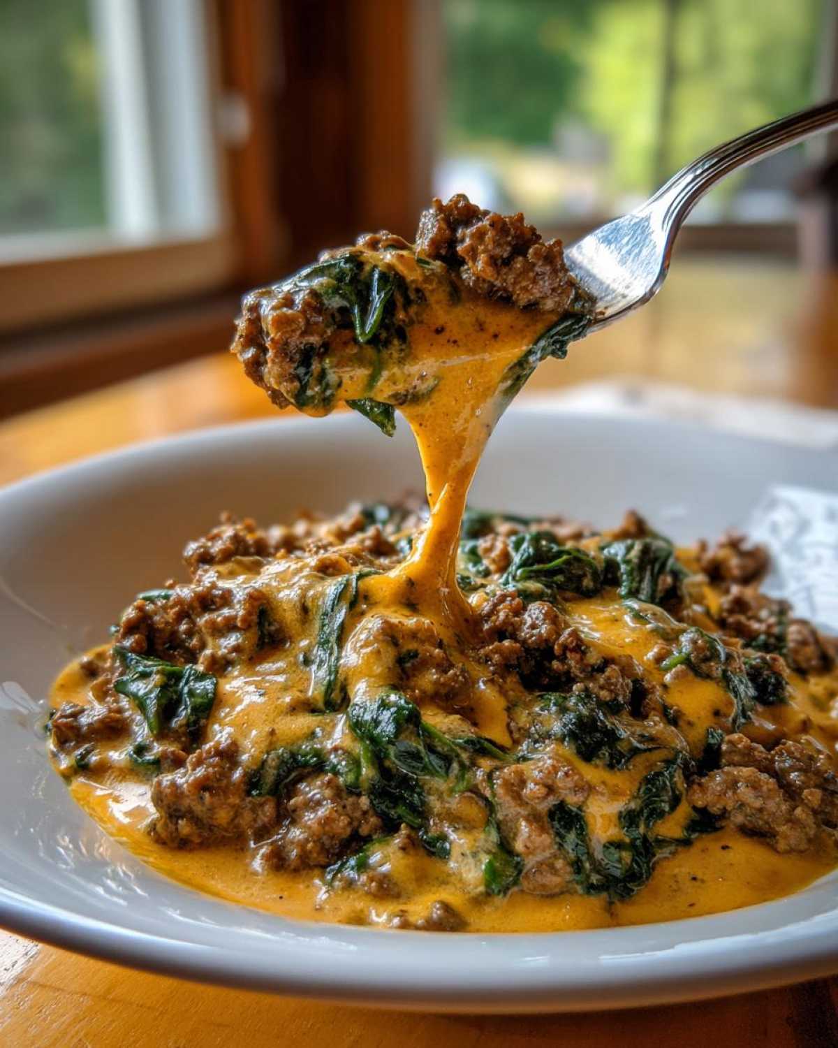 A fork lifts a bite of cheesy ground beef and spinach, demonstrating the creamy sauce, a perfect example of Easy Keto Meals for Weight Loss.