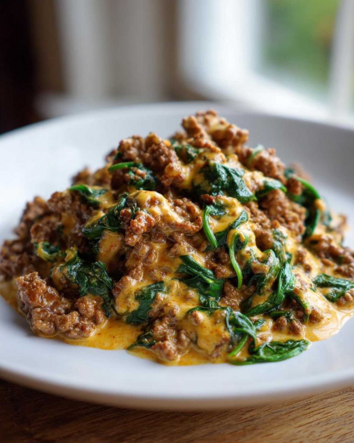 A close-up of cheesy ground beef mixed with wilted spinach, a perfect example of Easy Keto Meals for Weight Loss.