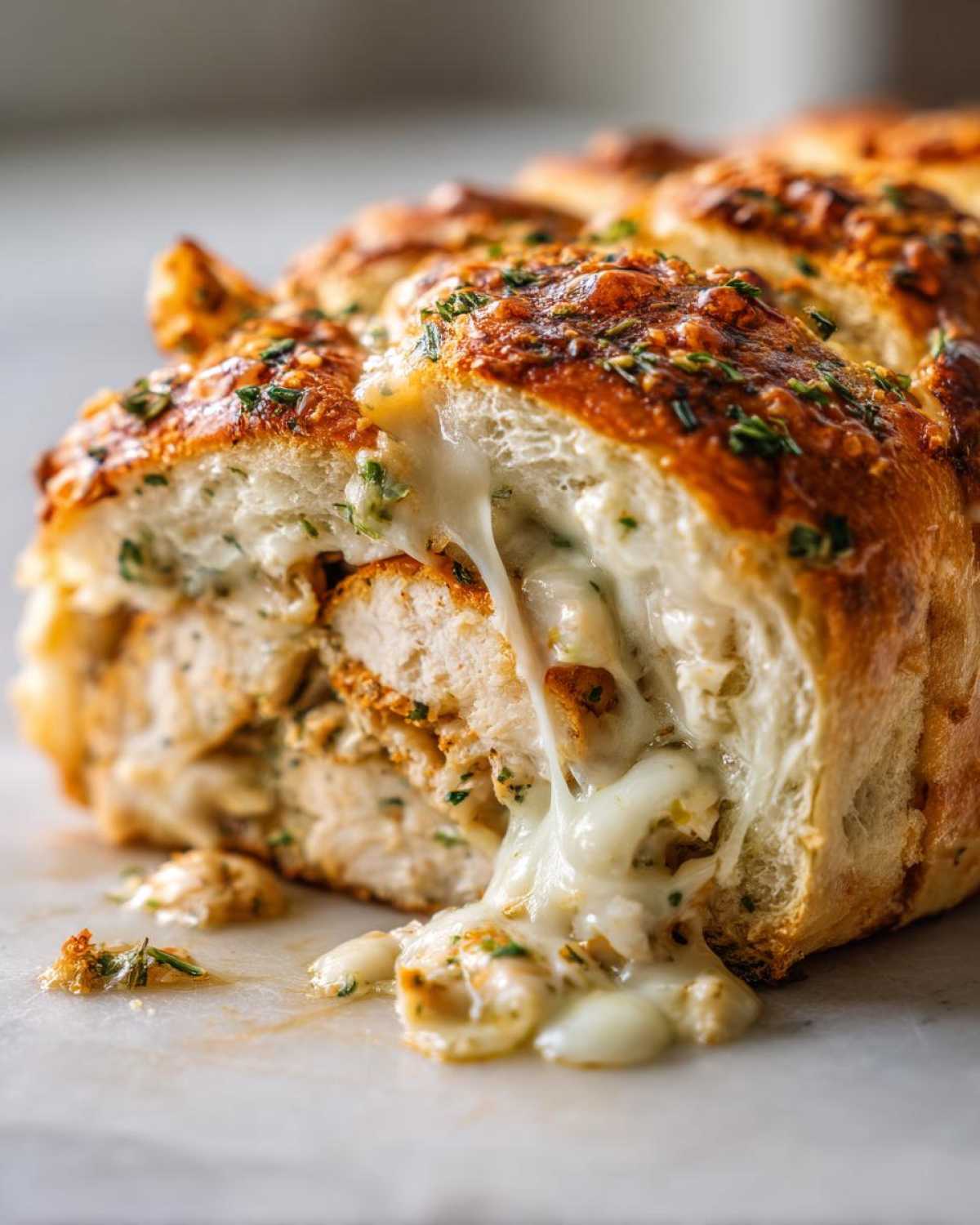 Close-up of Cheesy Garlic Chicken Rolls cut open, showing melted cheese stretching out from the filling with chicken pieces inside.