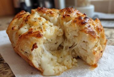 Close-up of a golden-brown Cheesy Garlic Chicken Rolls loaf pulled apart, showing melted, stretchy cheese inside.