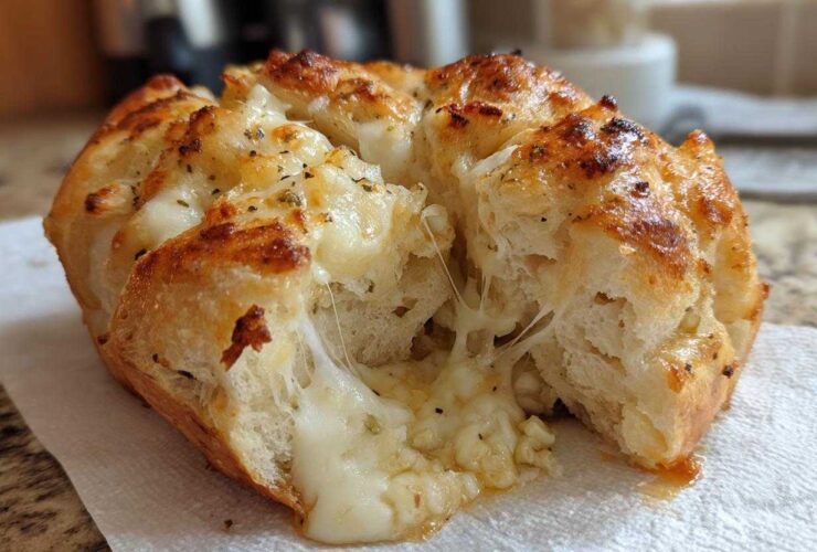 Close-up of a golden-brown Cheesy Garlic Chicken Rolls loaf pulled apart, showing melted, stretchy cheese inside.