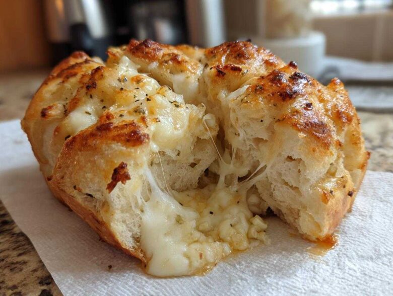 Close-up of a golden-brown Cheesy Garlic Chicken Rolls loaf pulled apart, showing melted, stretchy cheese inside.