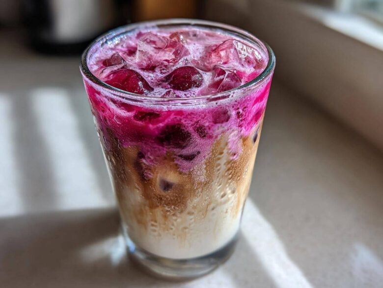 Close-up of a layered Cherry Vanilla Iced Latte featuring bright pink cherry syrup mixing with creamy milk and coffee over ice.