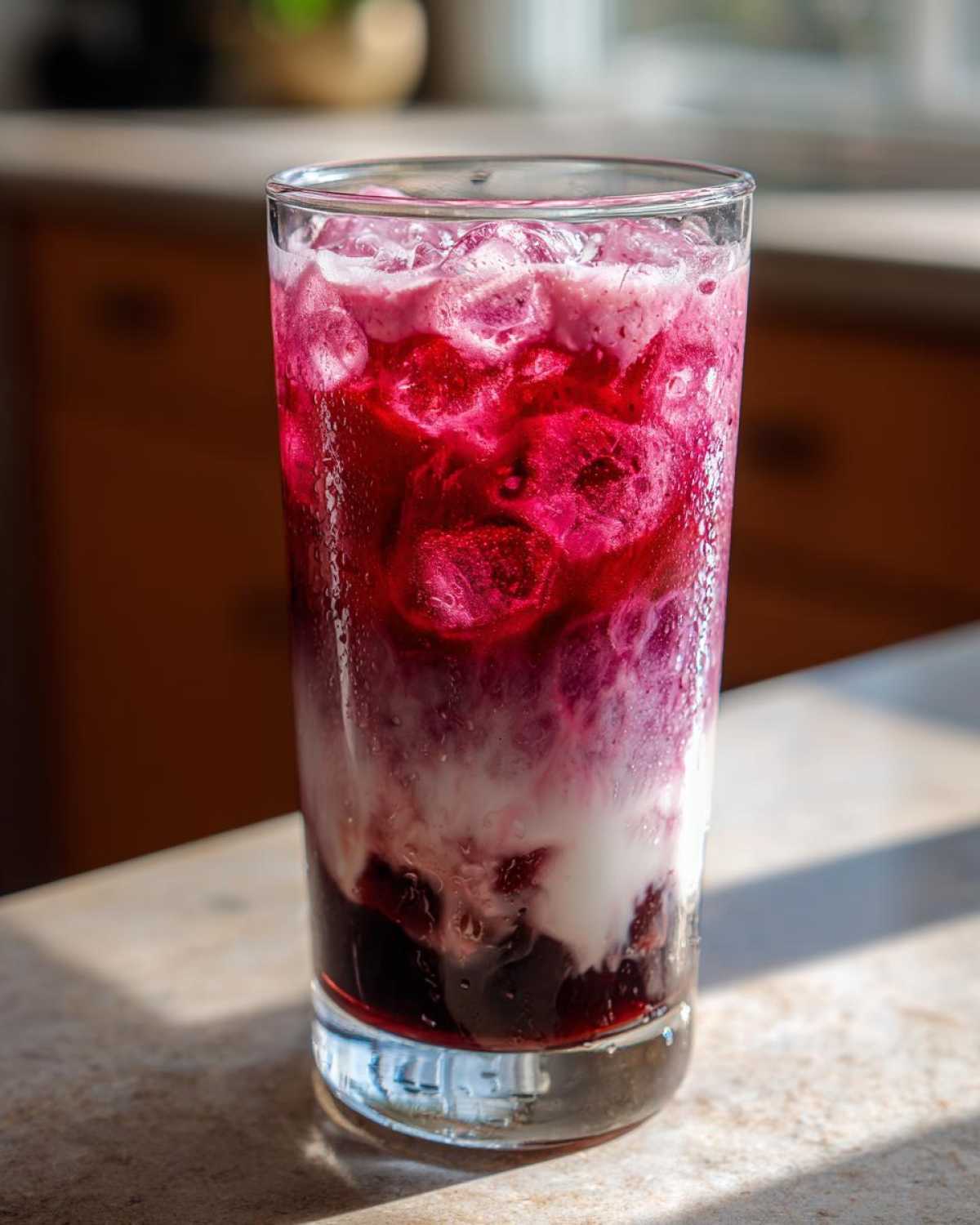 A tall glass showing the beautiful layers of a Cherry Vanilla Iced Latte with dark cherry syrup, white milk, and ice.