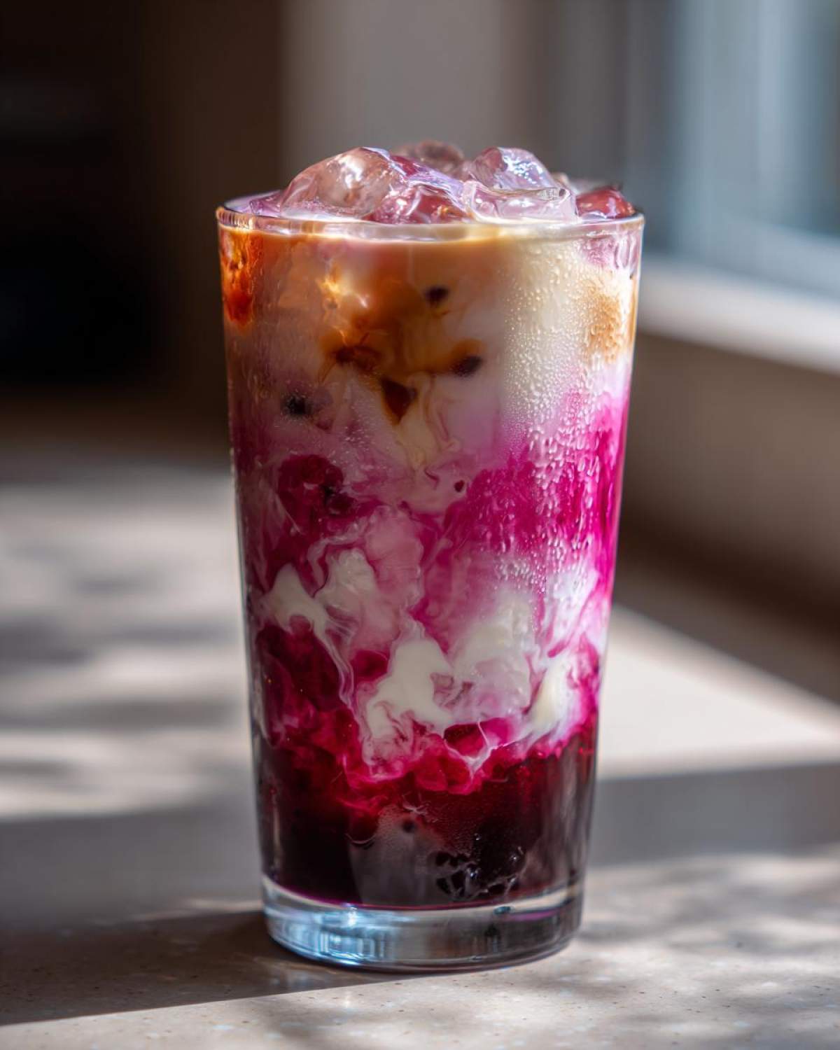 Close-up of a tall glass containing a Cherry Vanilla Iced Latte with vibrant pink/red syrup swirling into white milk and topped with ice.