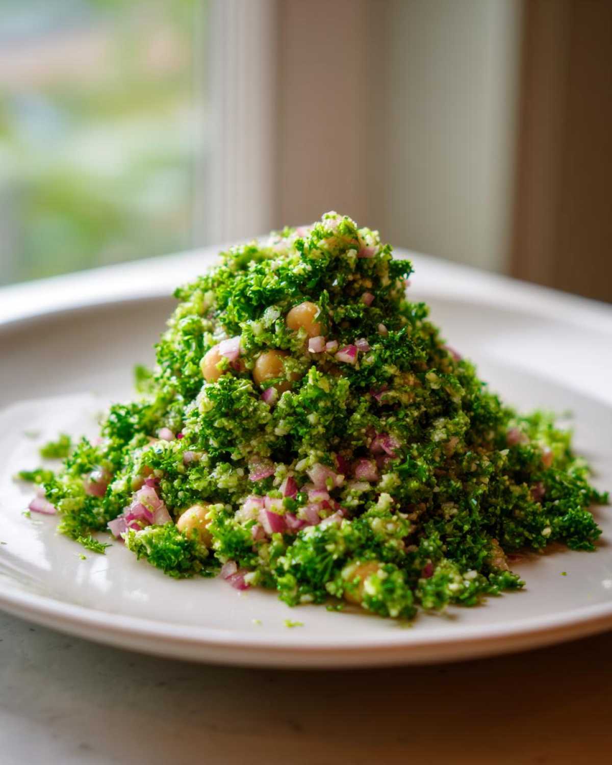 A mound of vibrant Chopped Broccoli and Chickpea Salad mixed with red onion on a white plate.