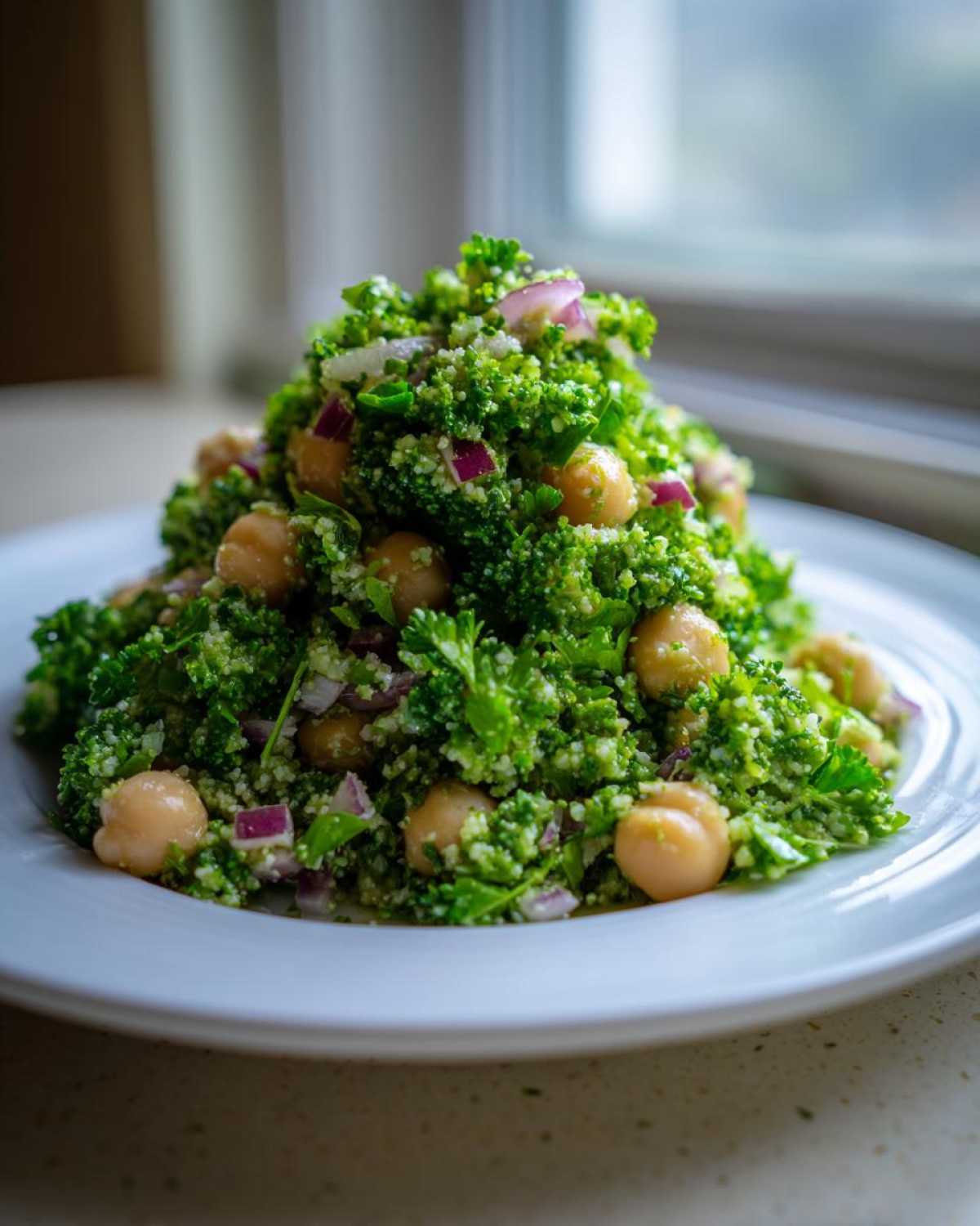 A mound of bright green Chopped Broccoli and Chickpea Salad featuring whole chickpeas and red onion pieces on a white plate.