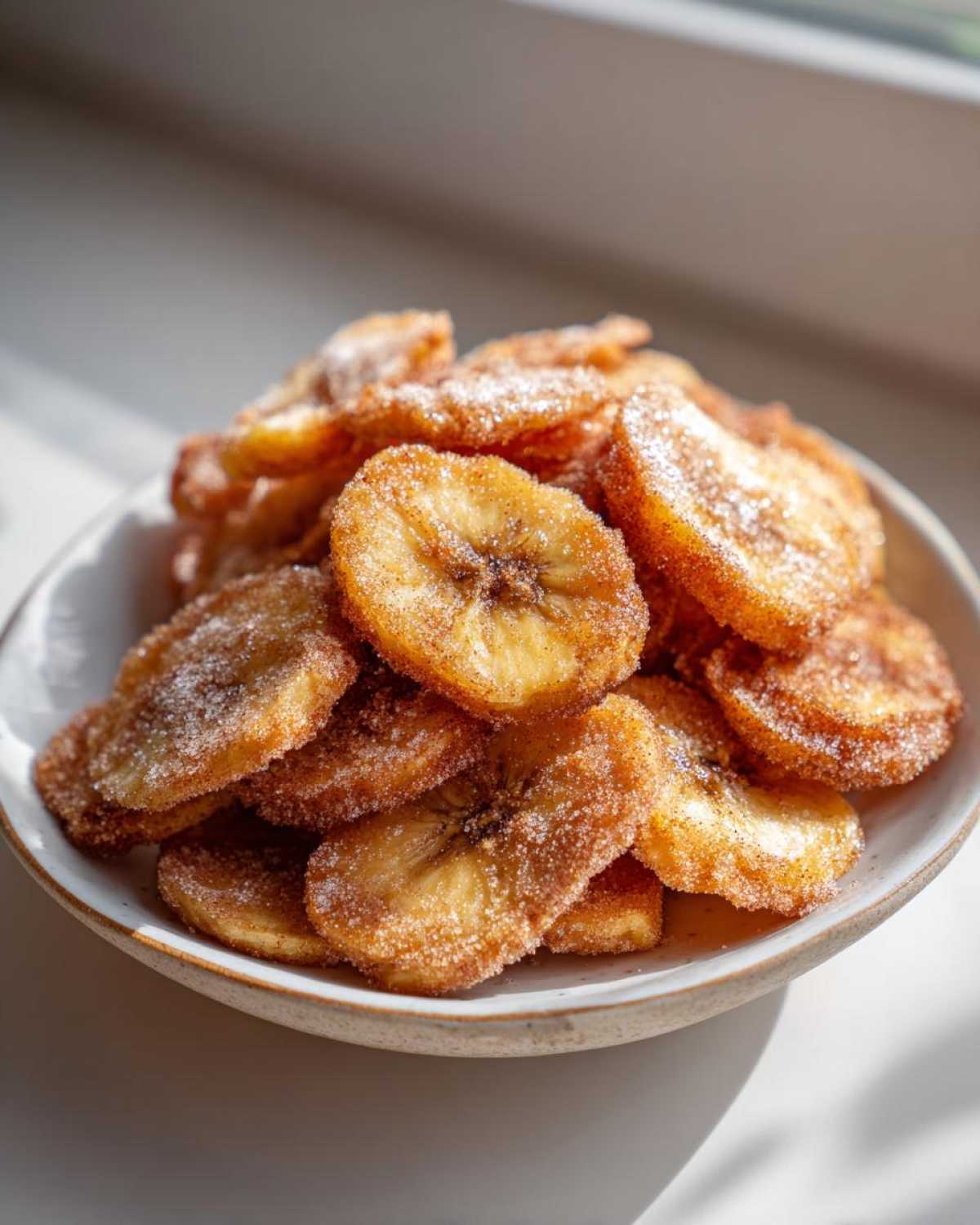 A close-up of crispy Cinnamon Sugar Banana Chips piled high in a rustic bowl, dusted with sugar.