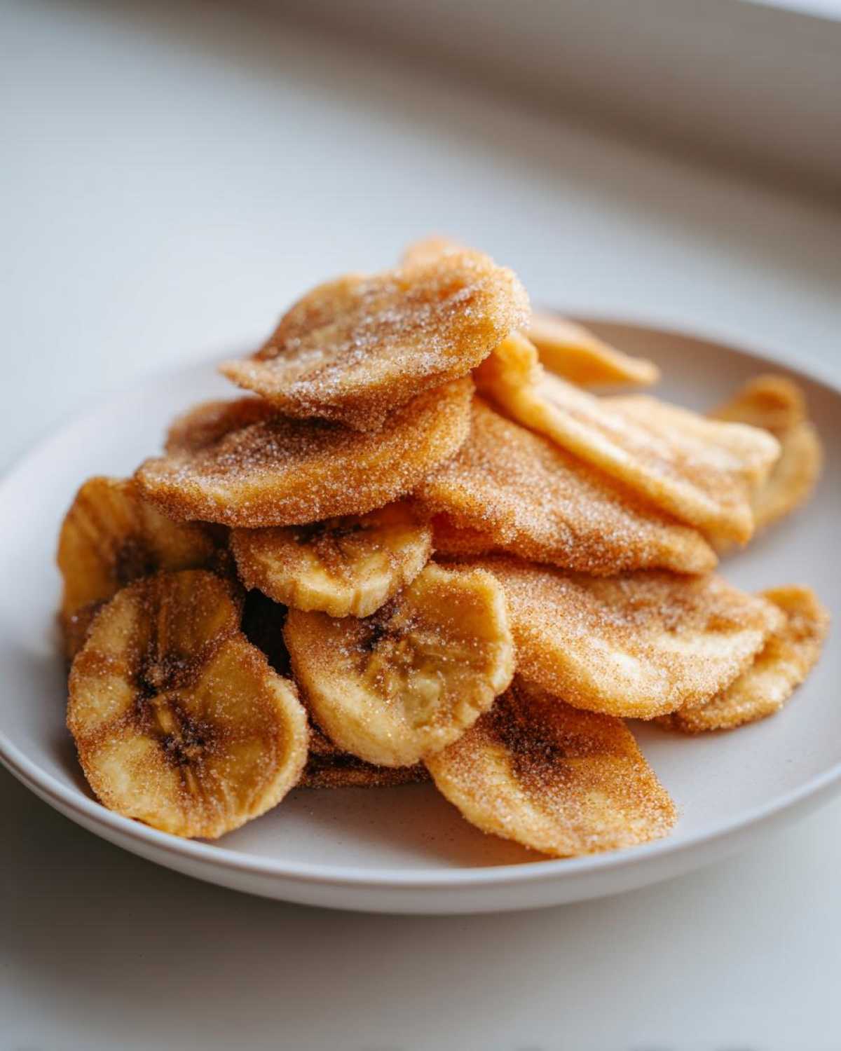 A close-up of crispy Cinnamon Sugar Banana Chips piled high on a light gray plate.