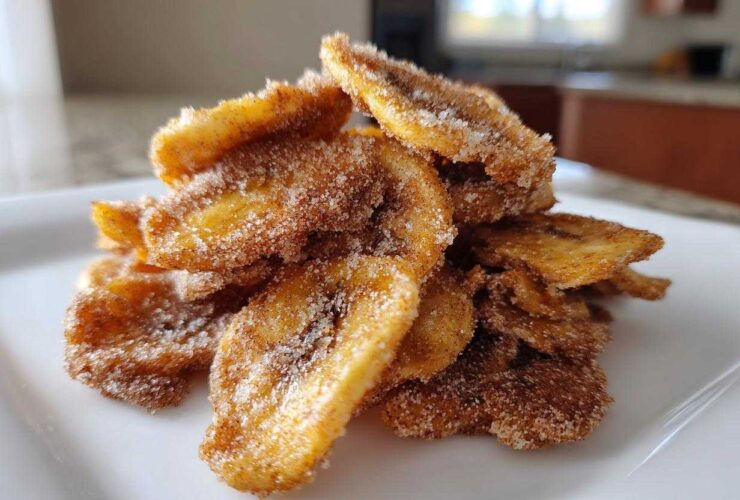Close-up of a stack of crispy Cinnamon Sugar Banana Chips heavily coated in cinnamon and sugar mixture.