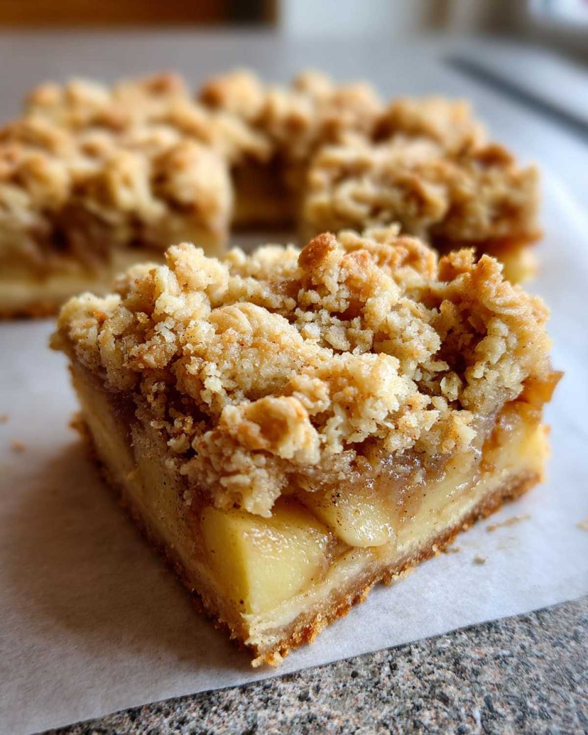 A close-up, macro shot of a single square of delicious Apple Bars showing the thick layer of spiced apple filling and crumbly streusel topping.