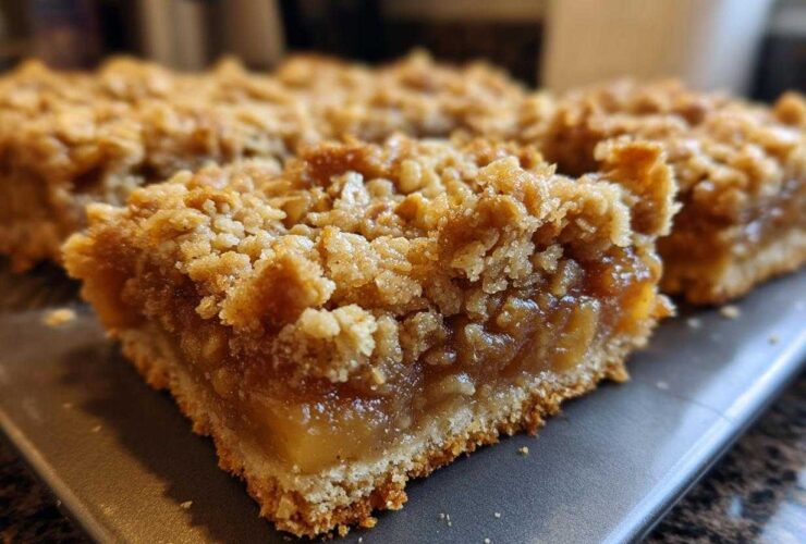 A close-up view of a thick, fudgy Apple Bars slice showing the gooey apple filling and crumbly oat topping.