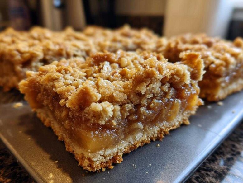 A close-up view of a thick, fudgy Apple Bars slice showing the gooey apple filling and crumbly oat topping.