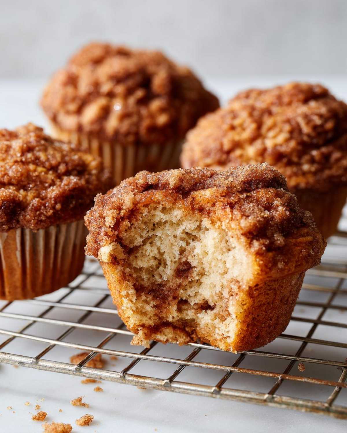 A close-up of several Coffee Cake Muffins cooling on a wire rack, one of which has a bite taken out showing the moist interior.
