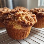 Close-up of freshly baked Coffee Cake Muffins cooling on a wire rack, featuring a thick, sugary cinnamon crumb topping.