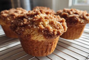 Close-up of freshly baked Coffee Cake Muffins cooling on a wire rack, featuring a thick, sugary cinnamon crumb topping.