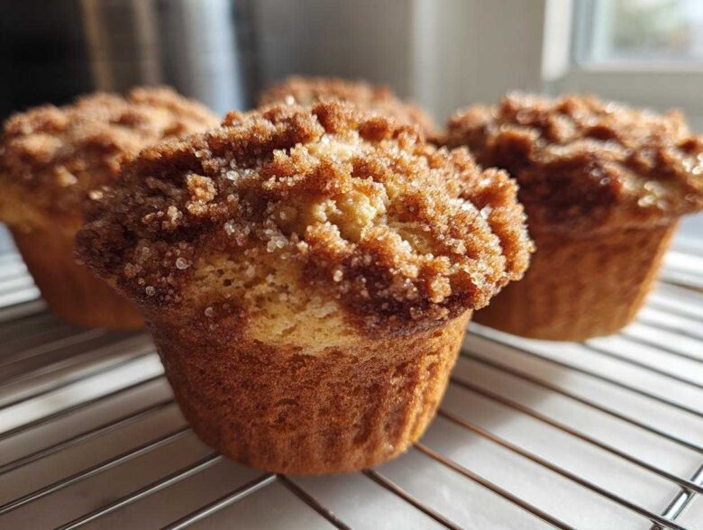 Close-up of freshly baked Coffee Cake Muffins cooling on a wire rack, featuring a thick, sugary cinnamon crumb topping.