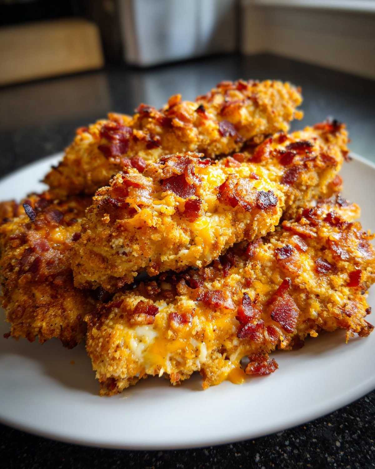 A stack of crispy, golden Crack Chicken Tenders topped generously with melted cheese and crumbled bacon.