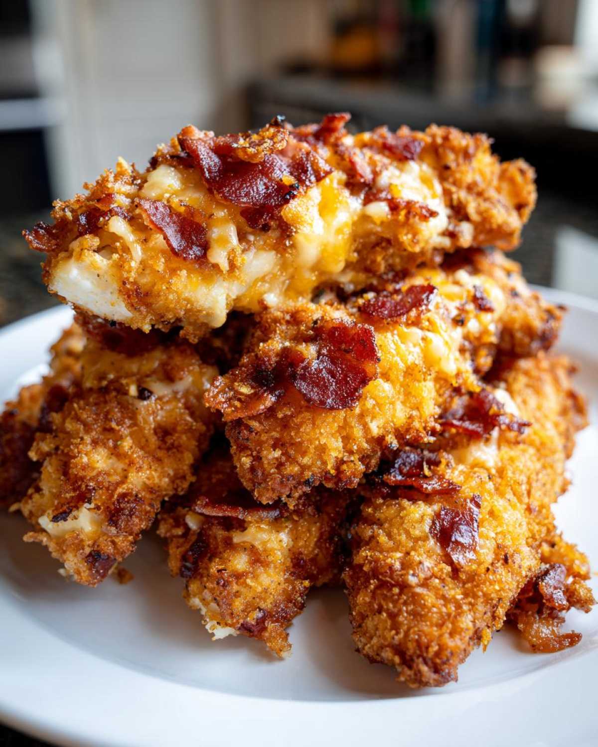 A stack of golden, crispy Crack Chicken Tenders topped with melted cheese and crumbled bacon pieces.