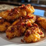 A stack of golden brown Crack Chicken Tenders generously topped with crispy bacon bits on a white plate.