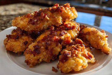 A stack of golden brown Crack Chicken Tenders generously topped with crispy bacon bits on a white plate.