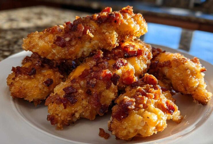 A stack of golden brown Crack Chicken Tenders generously topped with crispy bacon bits on a white plate.