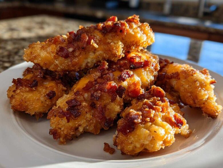 A stack of golden brown Crack Chicken Tenders generously topped with crispy bacon bits on a white plate.