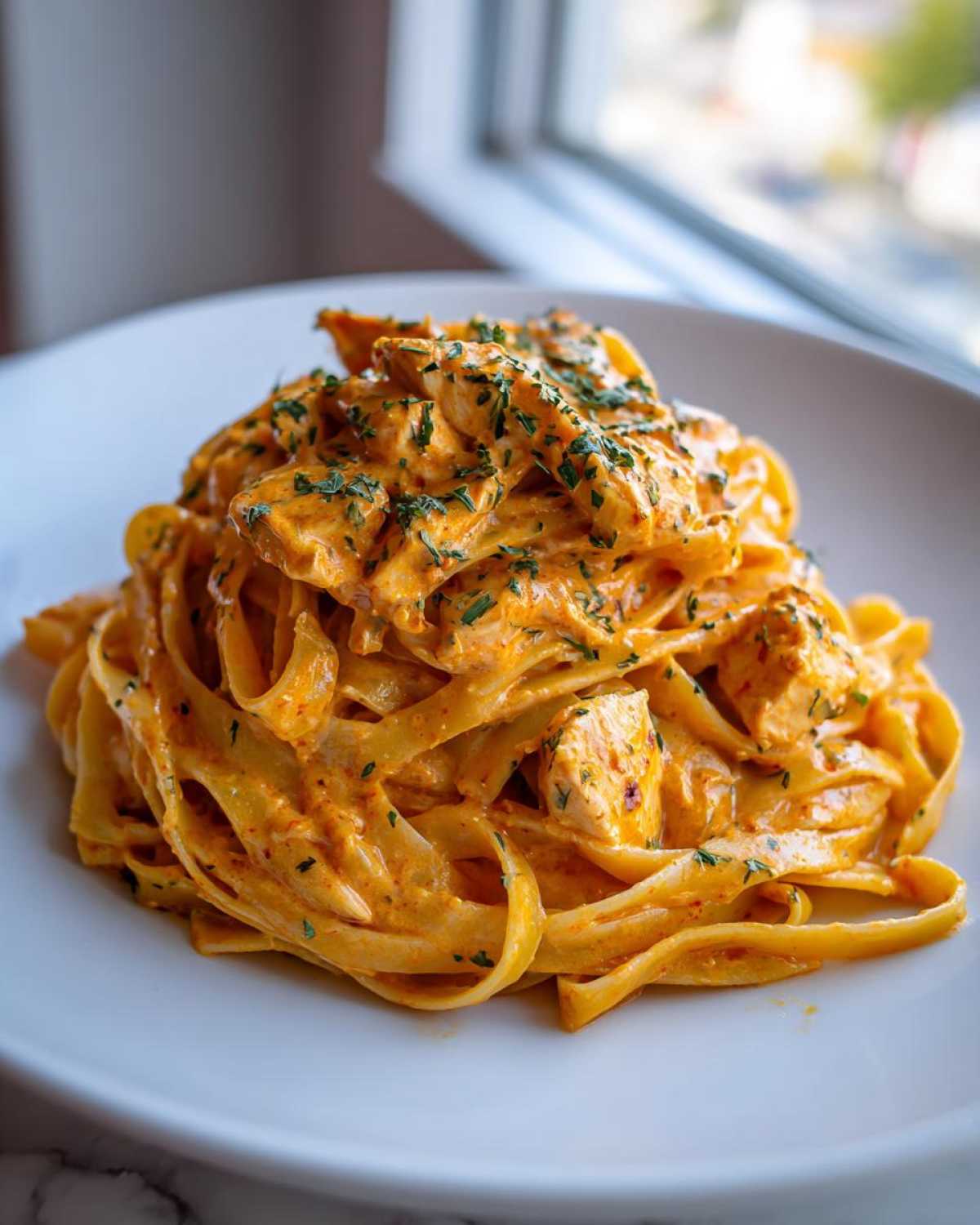 A close-up of creamy Cajun chicken pasta featuring fettuccine noodles coated in an orange sauce and topped with parsley.