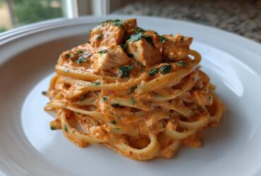 A close-up of creamy Cajun chicken pasta served on a white plate, garnished with fresh parsley.