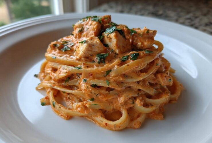 A close-up of creamy Cajun chicken pasta served on a white plate, garnished with fresh parsley.