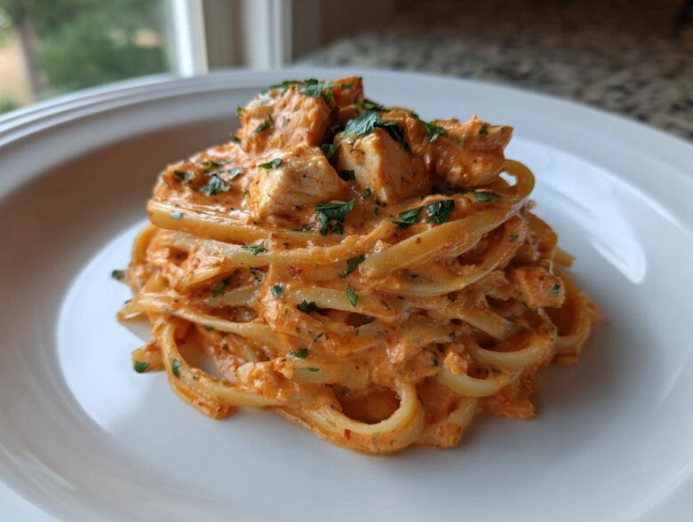 A close-up of creamy Cajun chicken pasta served on a white plate, garnished with fresh parsley.
