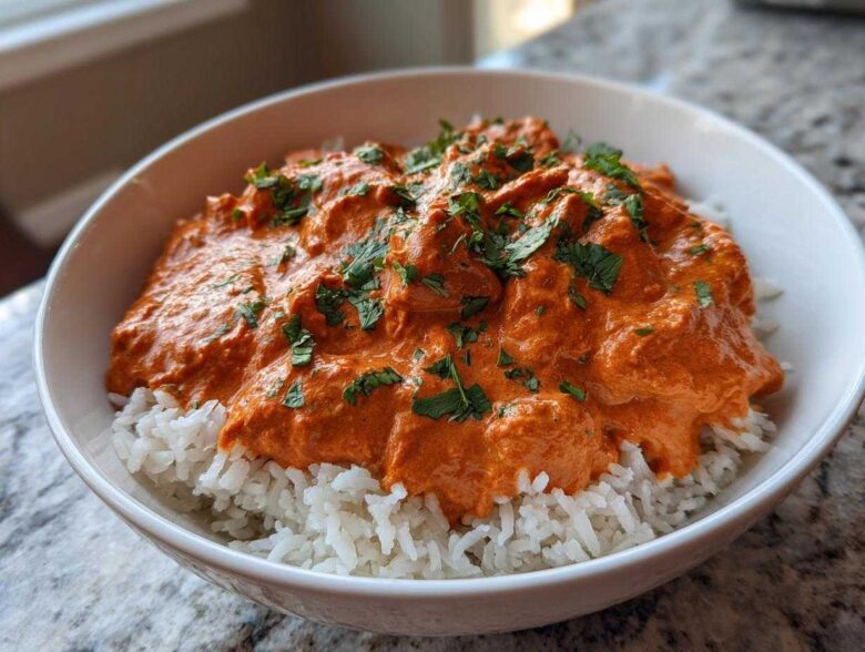 A white bowl filled with fluffy white rice topped generously with rich, orange Creamy Garlic Tikka Masala Sauce and fresh cilantro.