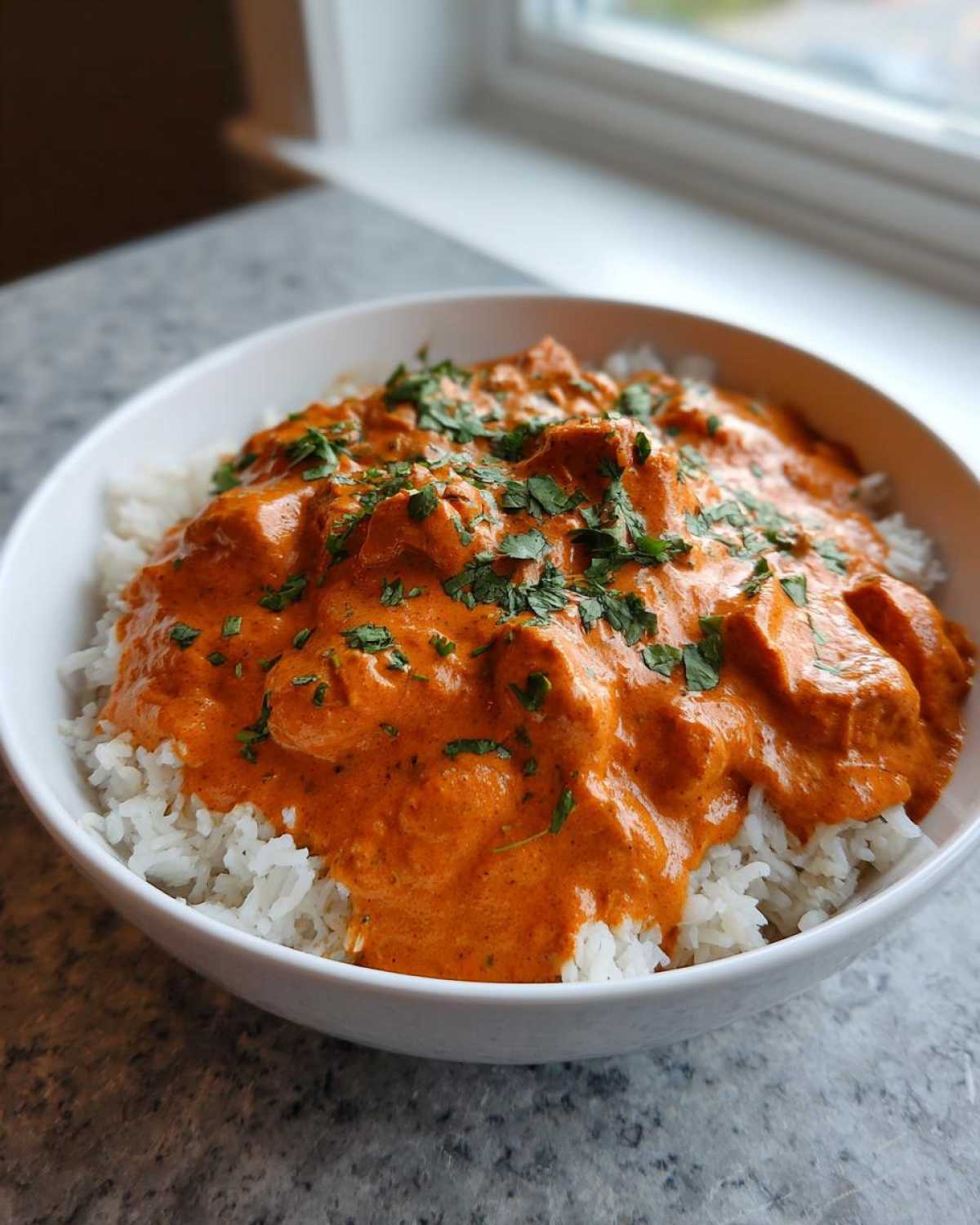 A white bowl filled with fluffy white rice topped generously with vibrant orange Creamy Garlic Tikka Masala Sauce and fresh cilantro.