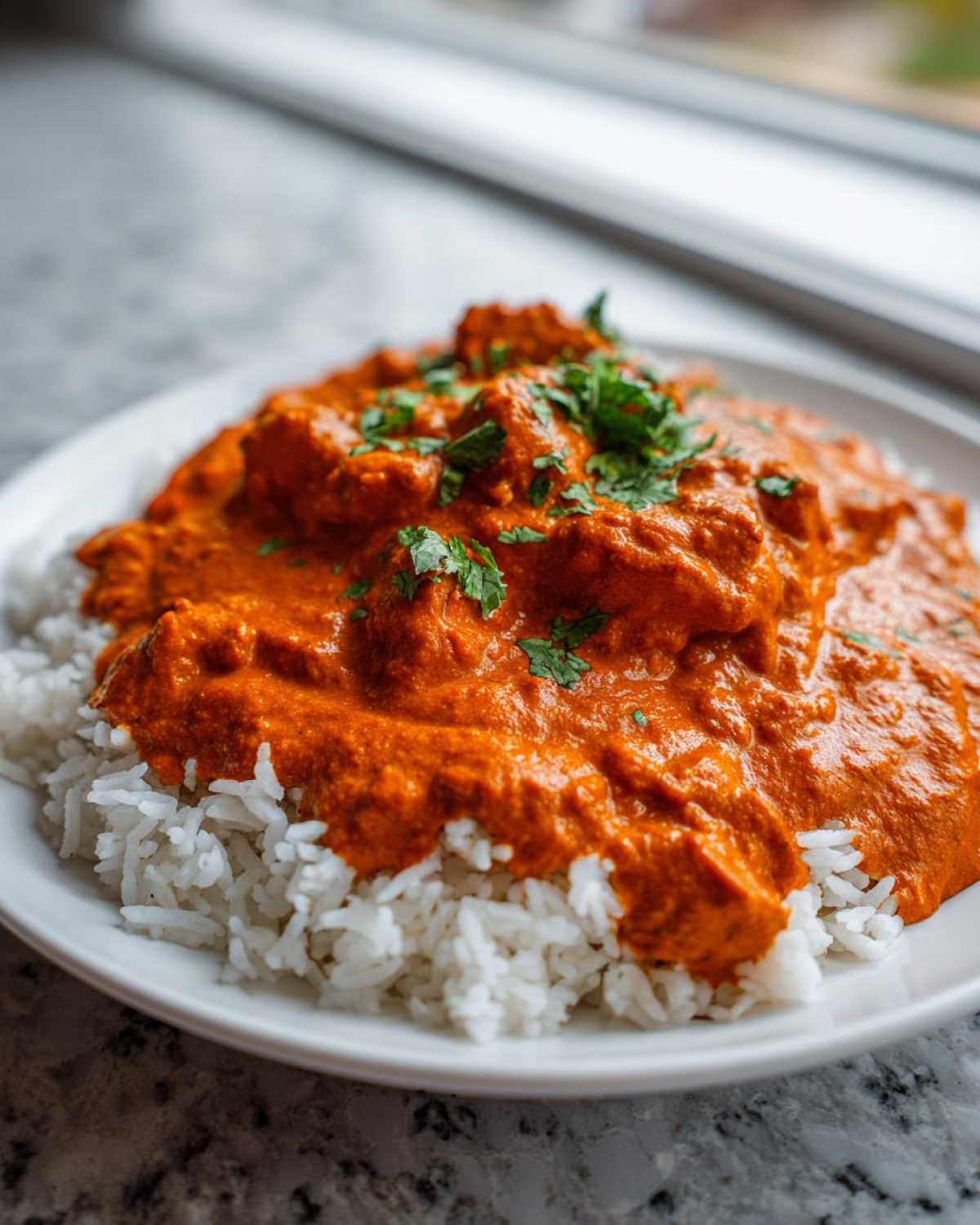 A plate featuring rich, orange Creamy Garlic Tikka Masala Sauce served over fluffy white basmati rice, garnished with cilantro.