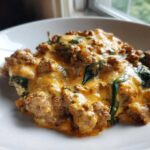 A close-up of a creamy, cheesy ground beef and spinach casserole, perfect for Easy Keto Meals for Weight Loss.