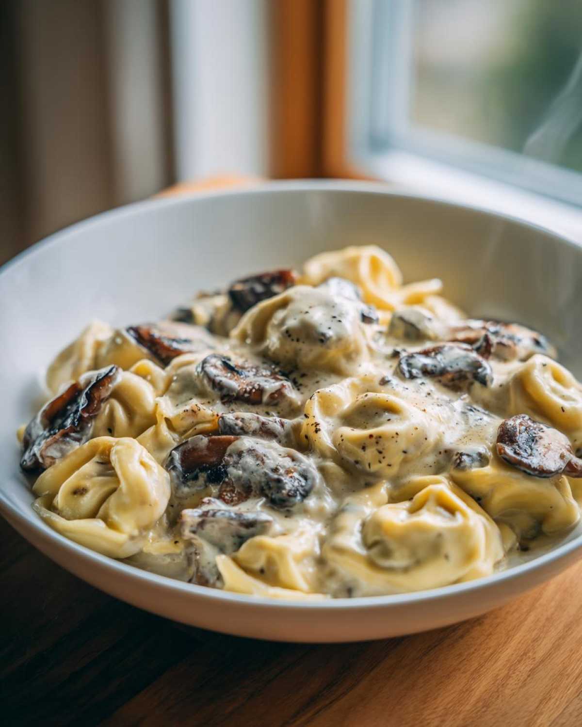 Close-up of a white bowl filled with hot Creamy Mushroom Tortellini Alfredo, showing tortellini coated in rich sauce and dark mushrooms.
