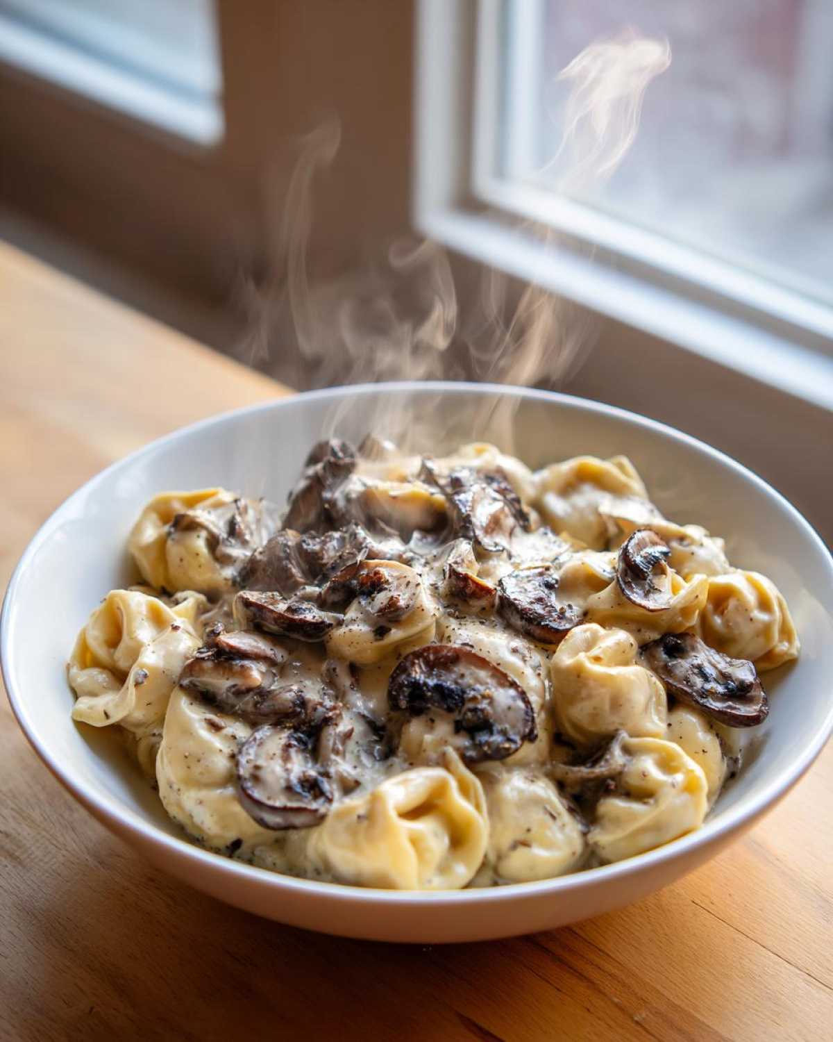 Close-up of steaming Creamy Mushroom Tortellini Alfredo served in a white bowl on a wooden table.