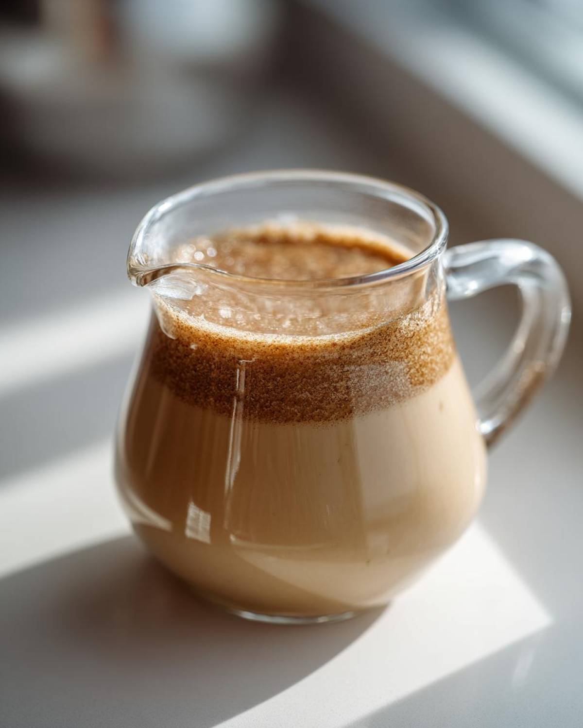A small glass pitcher filled with light brown Creme Brulee Coffee Creamer, featuring a layer of brown sugar foam on top.