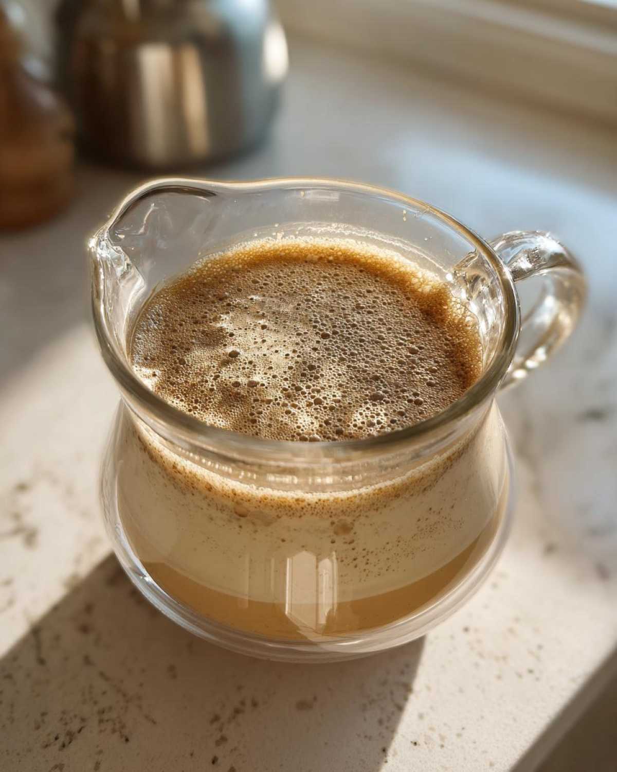 Close-up of homemade Creme Brulee Coffee Creamer layered in a small glass pitcher with a foamy top.